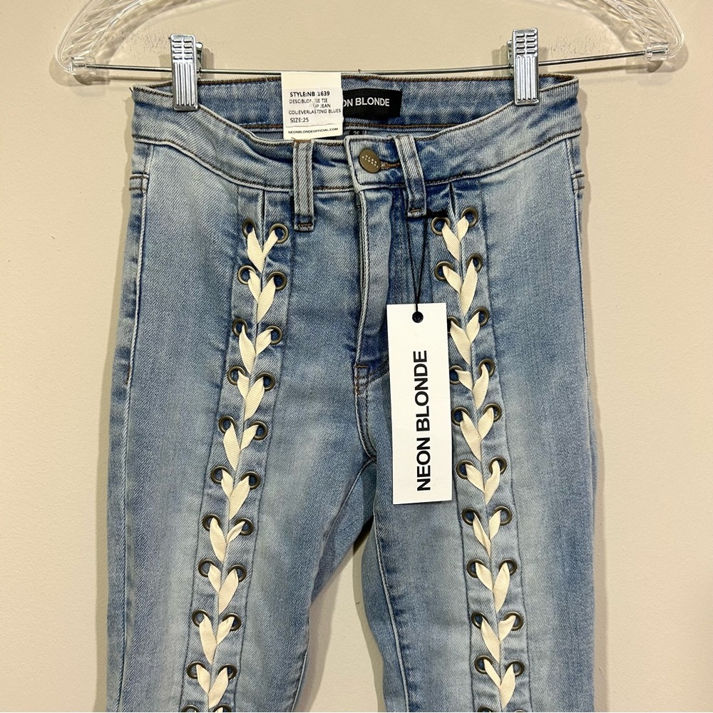 Neon Blonde Tu Jean Everblue Mid Rise Skinny Lace Front Denim NWT Size 25 - Picture 5 of 10